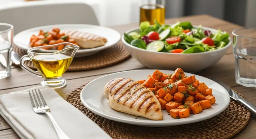 Prato de almoço com proteína magra, quinoa e salada colorida