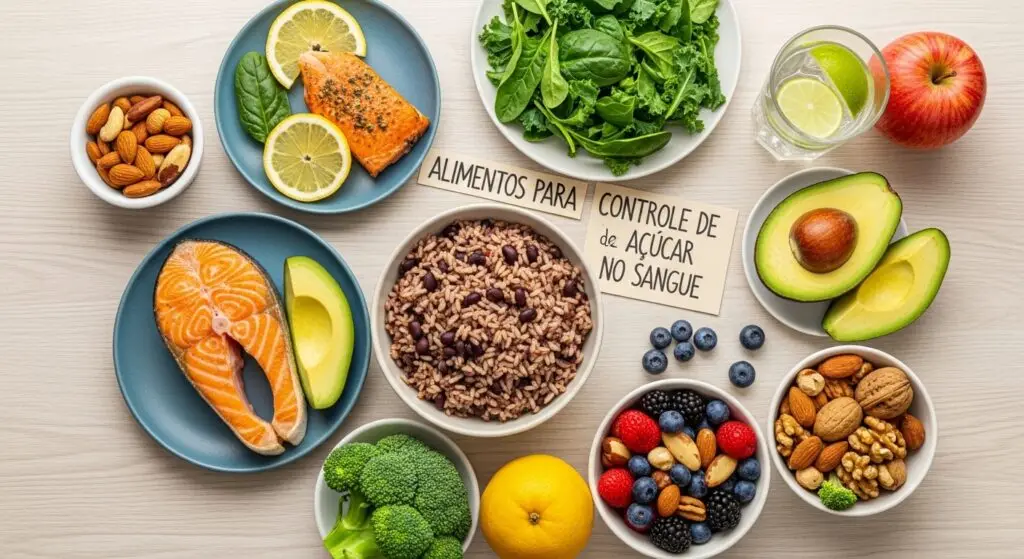 Composição artística de superalimentos anti-inflamatórios, incluindo frutas vermelhas vibrantes, abacate cremoso, um fio de azeite de oliva dourado e pedaços de salmão fresco em uma tigela de cerâmica artesanal, com um fundo suave e natural, fotorrealismo, estética orgânica de beleza.