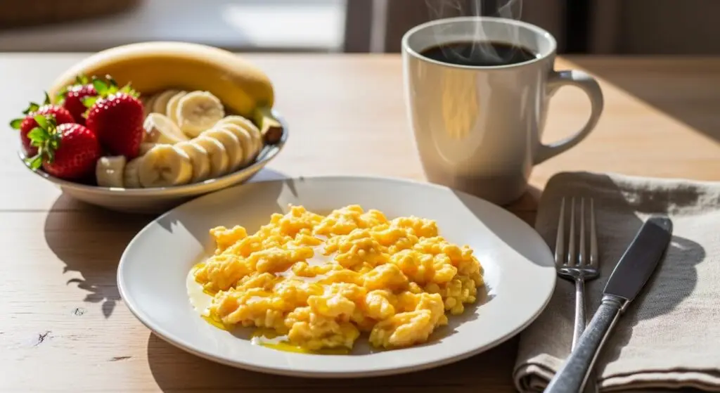 Café da manhã nutritivo com ovos e frutas vermelhas
