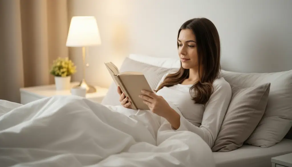 Uma pessoa lendo um livro delicadamente em um ambiente com iluminação suave e velas.