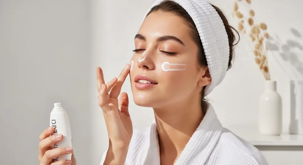 Luxurious sunscreen bottle with SPF visible, surrounded by natural light and organic textures
